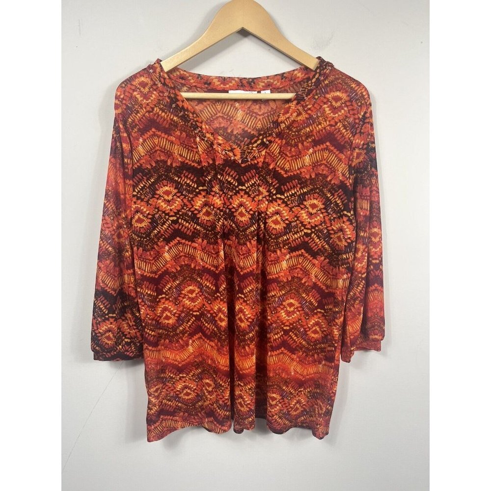 Susan Graver Top Womens Large Orange Mesh Blouse 3/4 Sleeve Bead Aztec